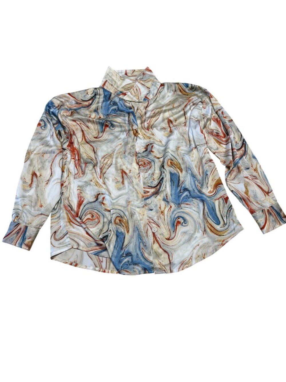 VRG GRL Satin Ivory Blue Marble Print Button Front Shirt Women's Size AU 6 US 2